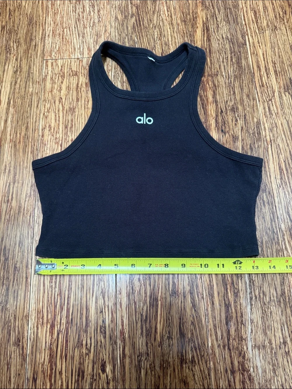 Alo Yoga black ribbed knit cotton blend racerback crop top size small